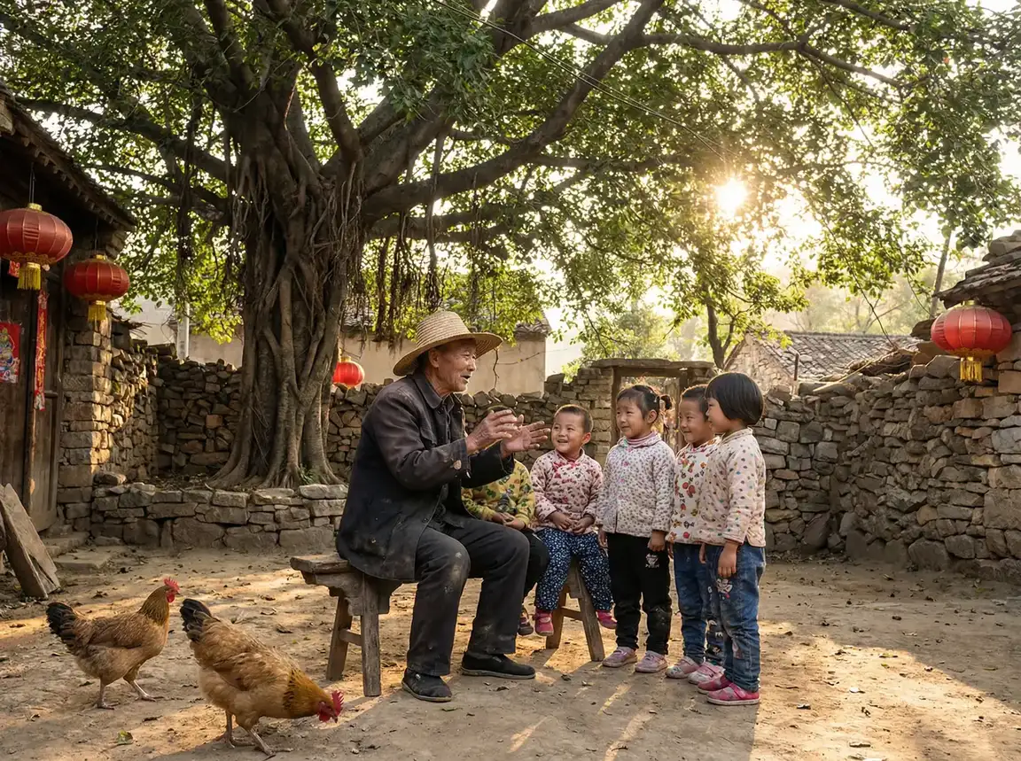 老人在大榕树下给孩子们讲故事 - 靳柯刺秦 乡村记忆